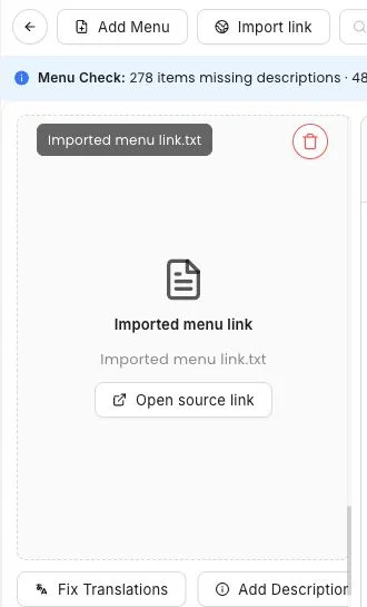 MenuList owner screen showing an imported menu link connected to a menu setup flow