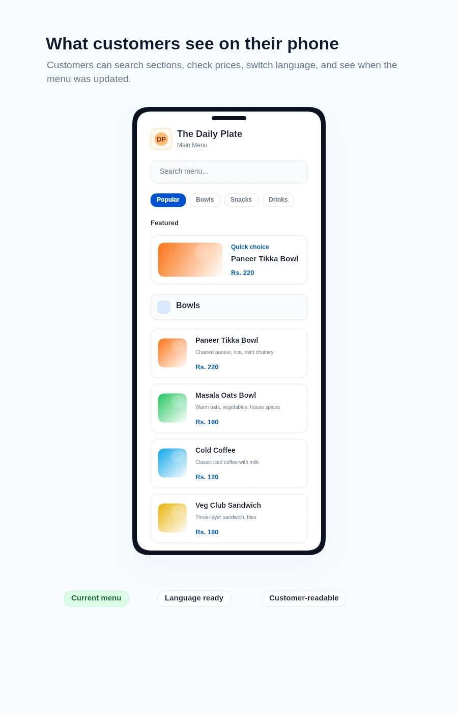 MenuList public customer menu showing categories, menu items, prices, and customer actions