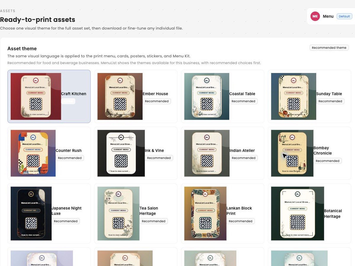 MenuList Assets Print view showing ready print files and coordinated theme choices