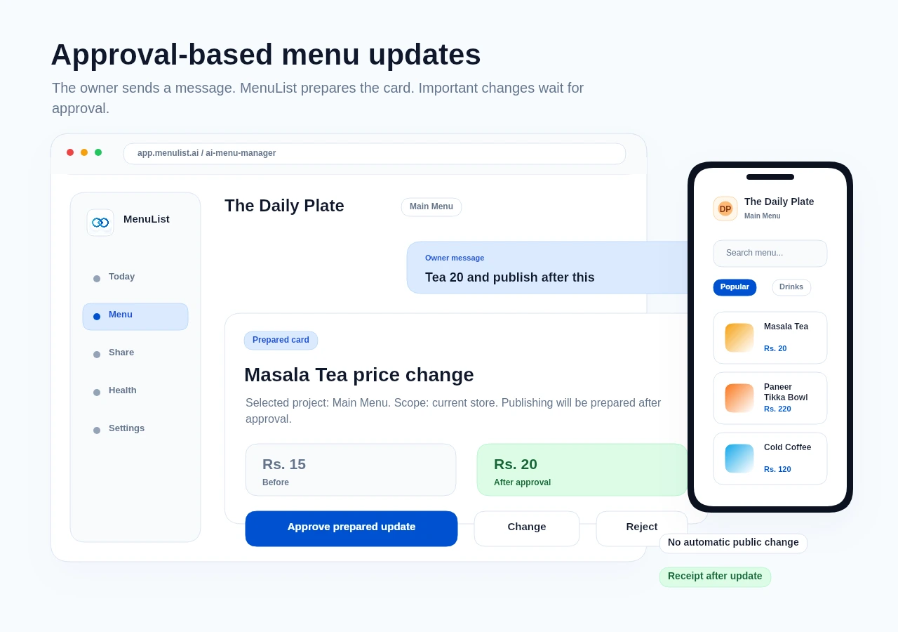 MenuList AI Menu Manager approval card using fictional demo menu data